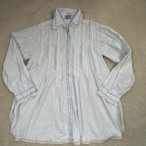 Vintage Saybury Pintuck Cotton Nightgown M Blue Cottagecore Lace Embroidered